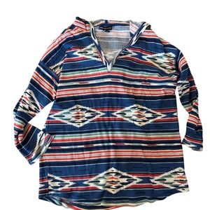 American Living Womens Blue Southwestern Aztec Waffle Knit Hoodie Top Medium NWT